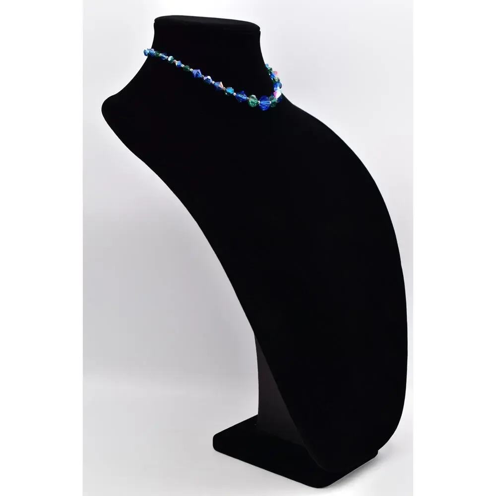 Vintage Blue Green Crystal Choker Necklace Sparkling Beaded Chunky 1960s BinBM